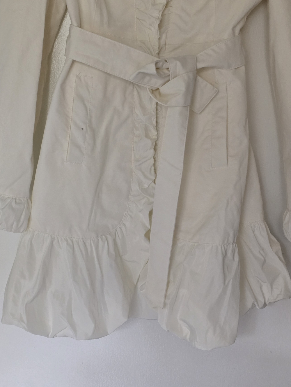 Bebe Ivory Ruffle-Trimmed Trench Coat with Belt Size Small, Like New. - Picture 14 of 17
